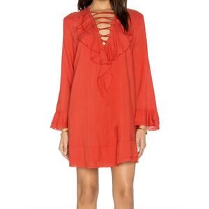 IRO Florine Red Orange Tunic Top Fringe Raw Hem Lace V-Neck Mini Dress 36 S/4